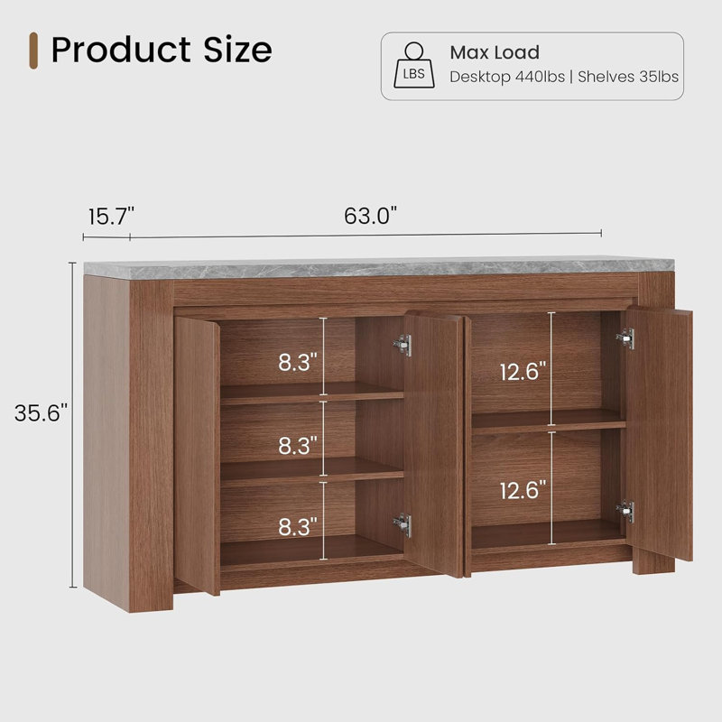 Sideboard Buffet Cabinet With 4 Doors & 5 Storage Spaces, 63" Coffee Bar Cabinet With Faux Marble Top, Modern Kitchen Storage Cabinet For Living Room Dining Room, Walnut