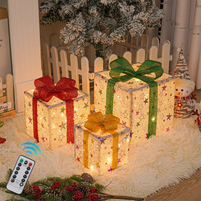Christmas Lighted Boxes Remote Control Set Of 3  LED Up Decor Outdoor Up Christmas Boxes Present Decorations Outdoor Yard
