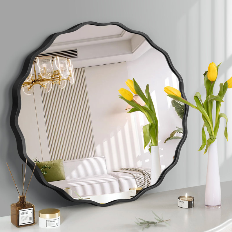 Miroir mural rond en alliage d'aluminium ondulé avec cadre en métal, miroir décoratif moderne pour le salon, la chambre à coucher ou le vestibule