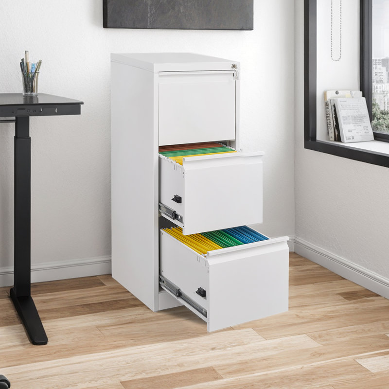 Classeur vertical en métal 40 po pour bureau et maison avec serrure et 3 tiroirs, Blanc / Blanc
