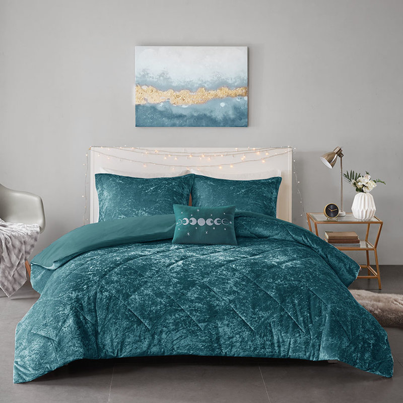 Housse de couette en velours bleu sarcelle double / grand, style, avec coussin, facile à laver