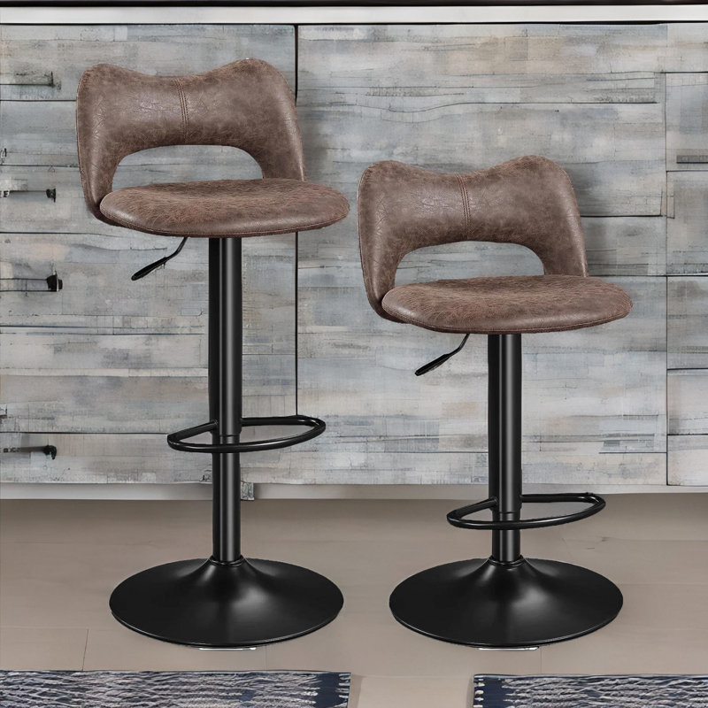 Namira 2Pc Height Adjustable Swivel Bar Stools Brown with Back & Footrest Kitchen Chair