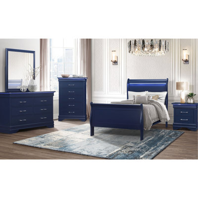 Full Size 5pc Bedroom In Blue, Bed With Built - Led Lighting, Turned Legs, Modern Setup, Rubberwood And Solid Wood+ Lighting On Headboard, Decor,