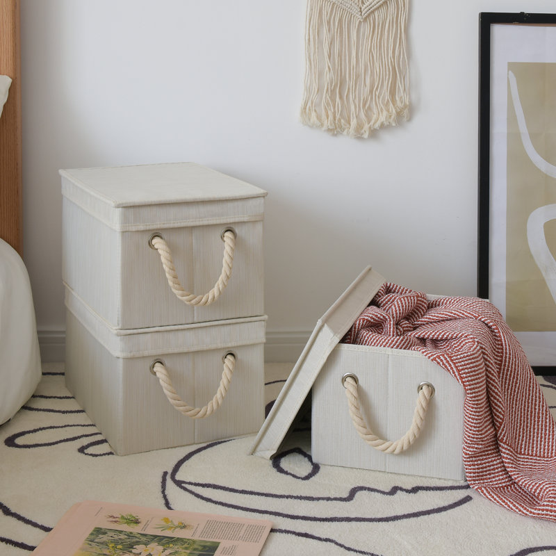 3 Piece Fabric Box Set with Lids and Handles, White, 8.6" H x 10.8" W x 15.2" D