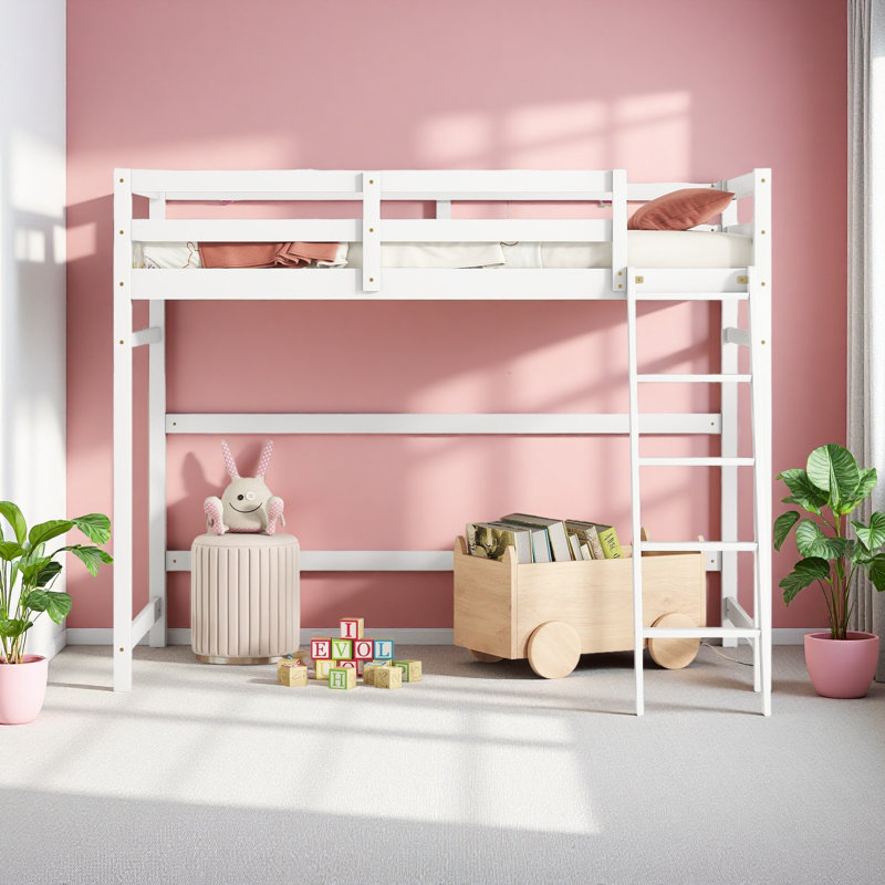 Lit mezzanine simple avec échelle inclinée, garde-corps, Blanc