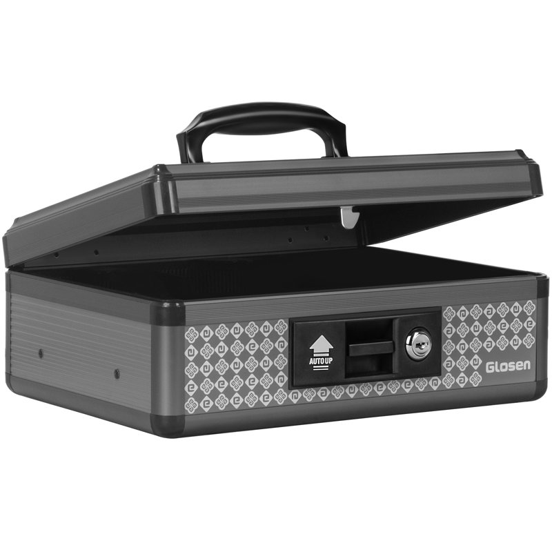 Glosen Cash Box with Lock, Money Box with Key Lock & Removable Coin Tray 8.27 * 5.31 * 11.02 inch (Black, Medium), Medium