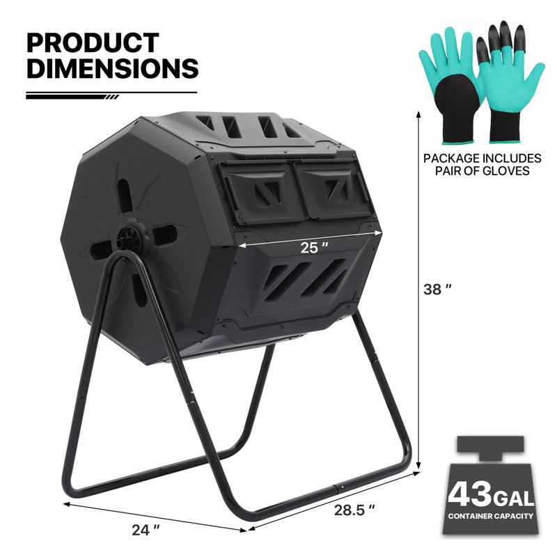 43 Gallon Black Dual Chamber Rotating Compost Tumbler with Gloves