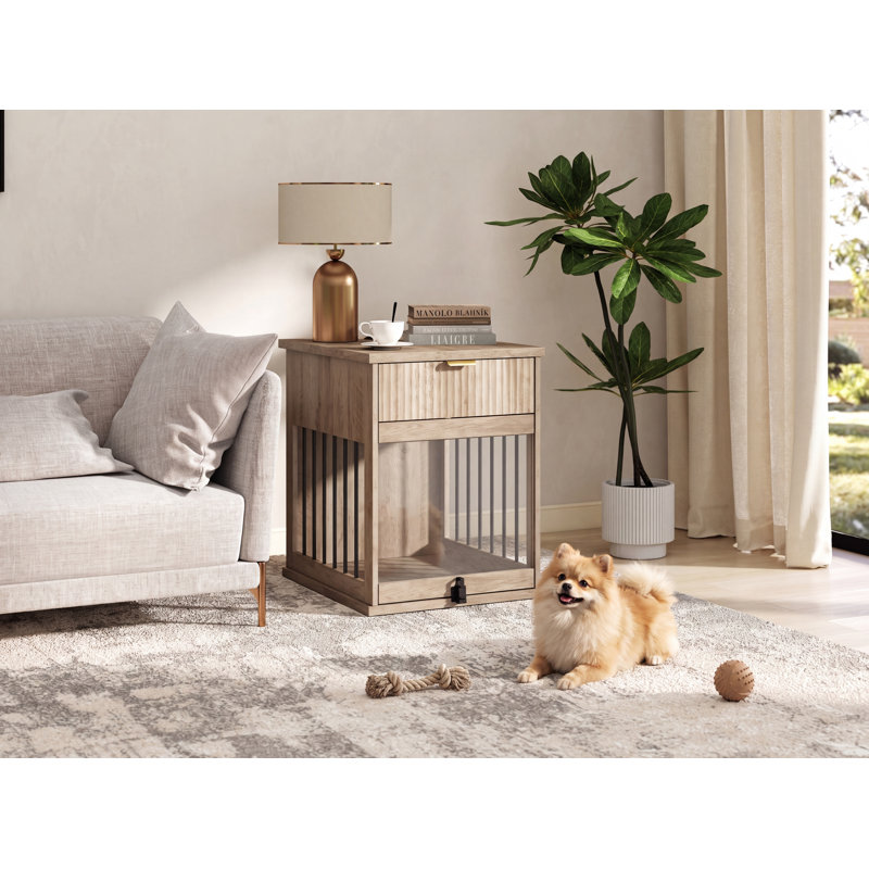 Table d'appoint en cage en chêne gris 23,6 po avec plaque de chargement et tiroir intégrés pour petits chiens de taille moyenne, salon