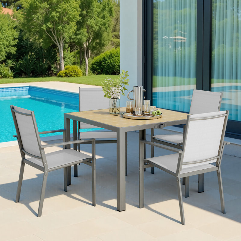 Ensemble de table et chaises d'extérieur, Gris, 5 pièces: table, 4 chaises, H 28,3 po x l 37,8 po x P 37,8 po