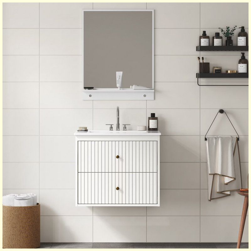 Ensemble de meuble-lavabo flottant blanc 24 po avec lavabo, armoire de rangement murale moderne avec portes et tiroirs, surface peinte