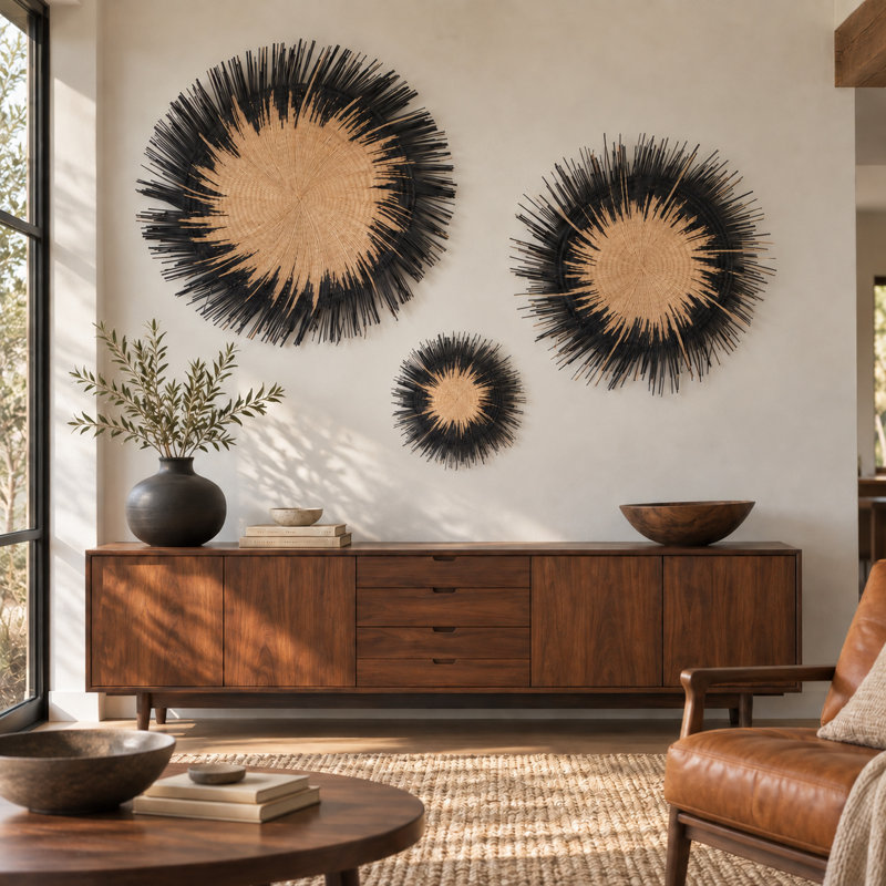Black-Edge Palm Leaf Handwoven Sunburst Wall Basket, 47.2'' H x 47.2'' W x 1.5'' D