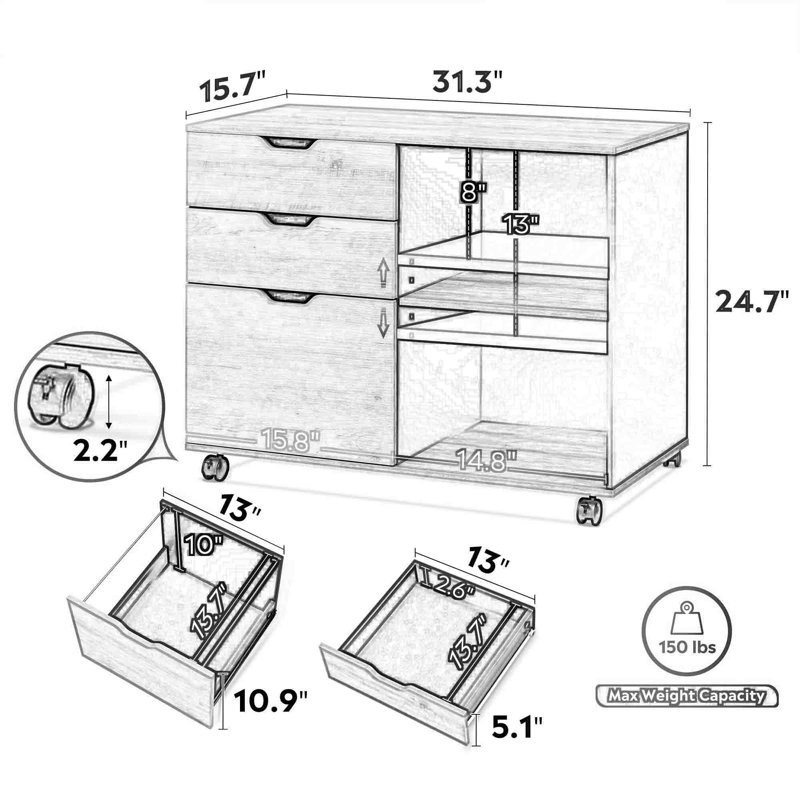 Greige 3-Drawer Wood Mobile Filing Cabinet with Open Shelves