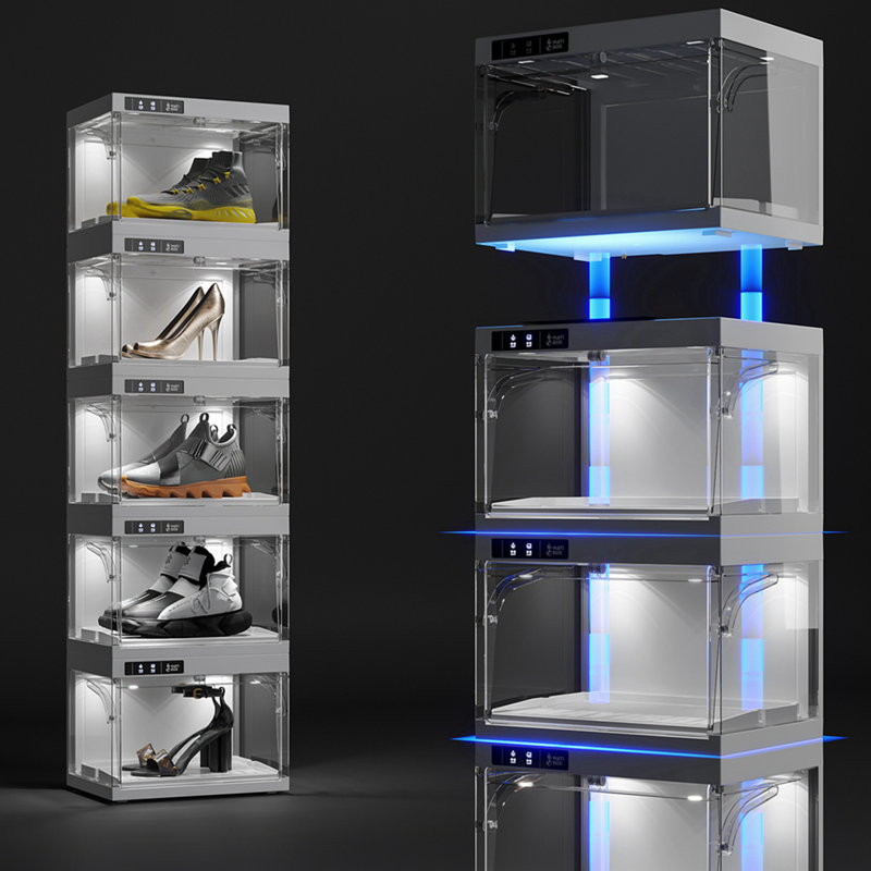 Smart LED Display Case, Auto Clear Shoe Storage Boxes With LED Lights, Plastic Stackable Display Cabinet (1Pack)