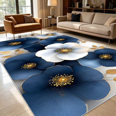 1pièces 3D bleu marine, blanc, floral, feuillage doré, tapis botaniques pour le salon, doux et confortables, adaptés à toutes les saisons, faciles à entretenir, tapis de sol intérieur lavable à la machine, sous la table ferme convenant à la table à manger, au chevet de la chambre à coucher ...