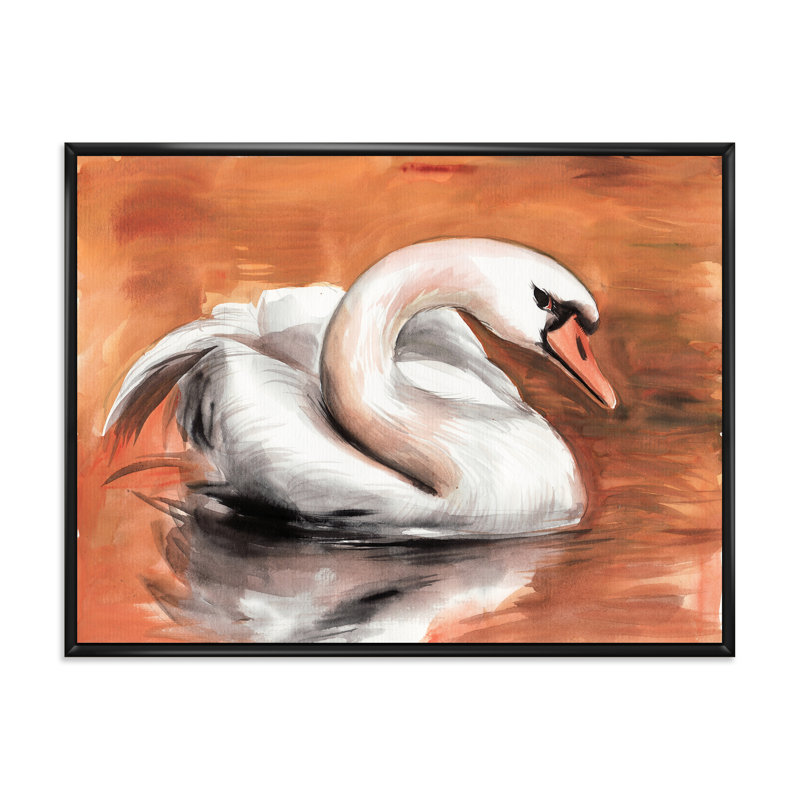 Cygne sur l'eau - reproduction sur toile, H 12 po x l 20 po x p 1 po, Toile avec cadre noir