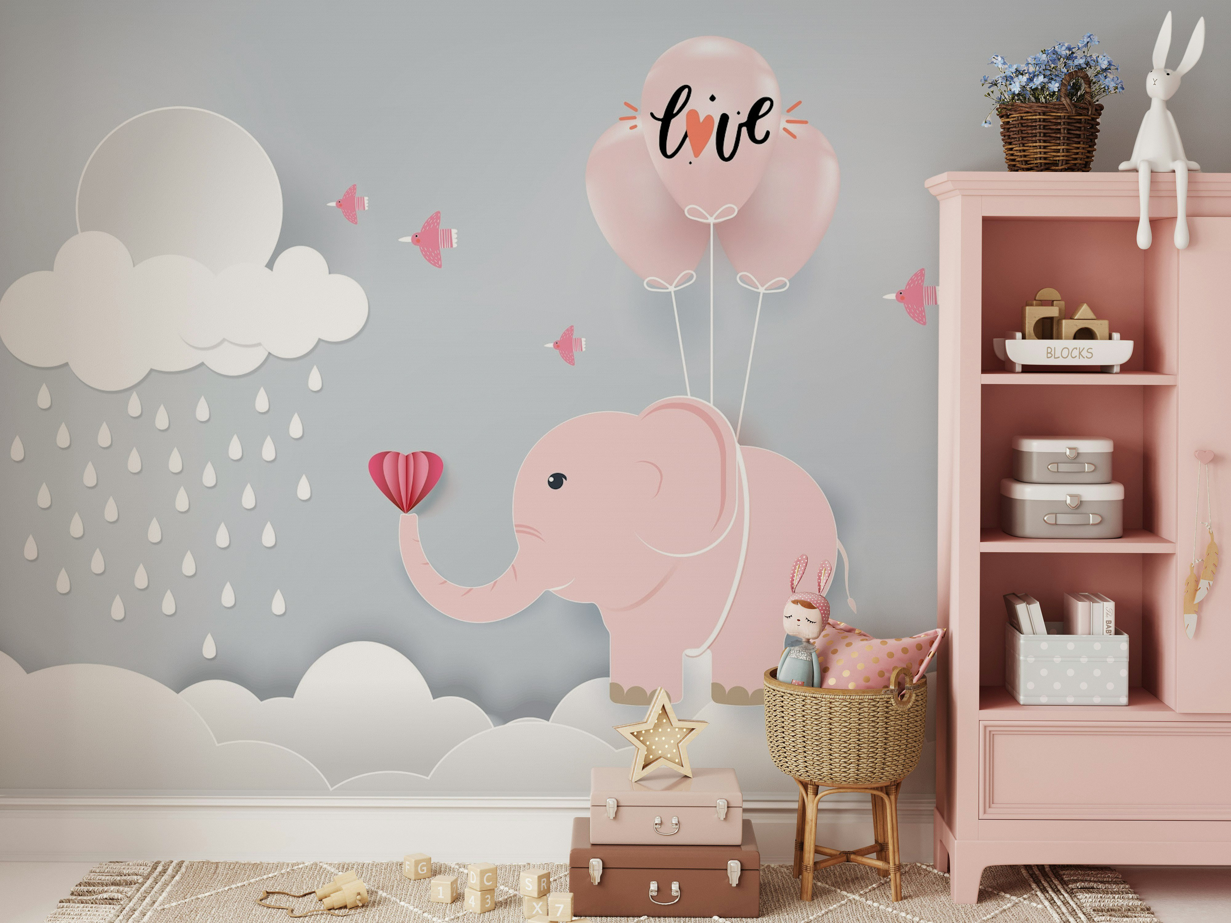 Zoomie Kids Cute Pink Baby Elephant Balloons Birds Rain Cloud Removable ...