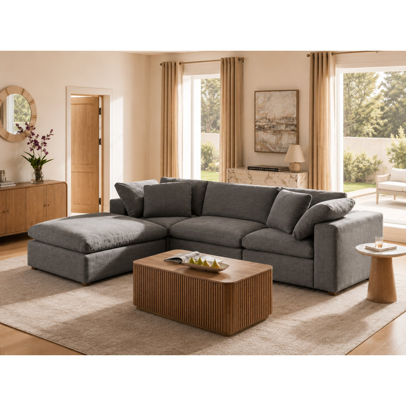 Alberto 118"W Modern Cloud Down Filled Oversized Sectional Couches with One Ottoman, Gray Polyester