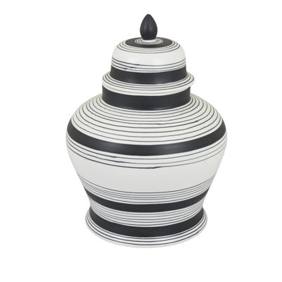 Decorative Ginger Jar with Lid, Black and White Striped Ceramic, 12 Inch