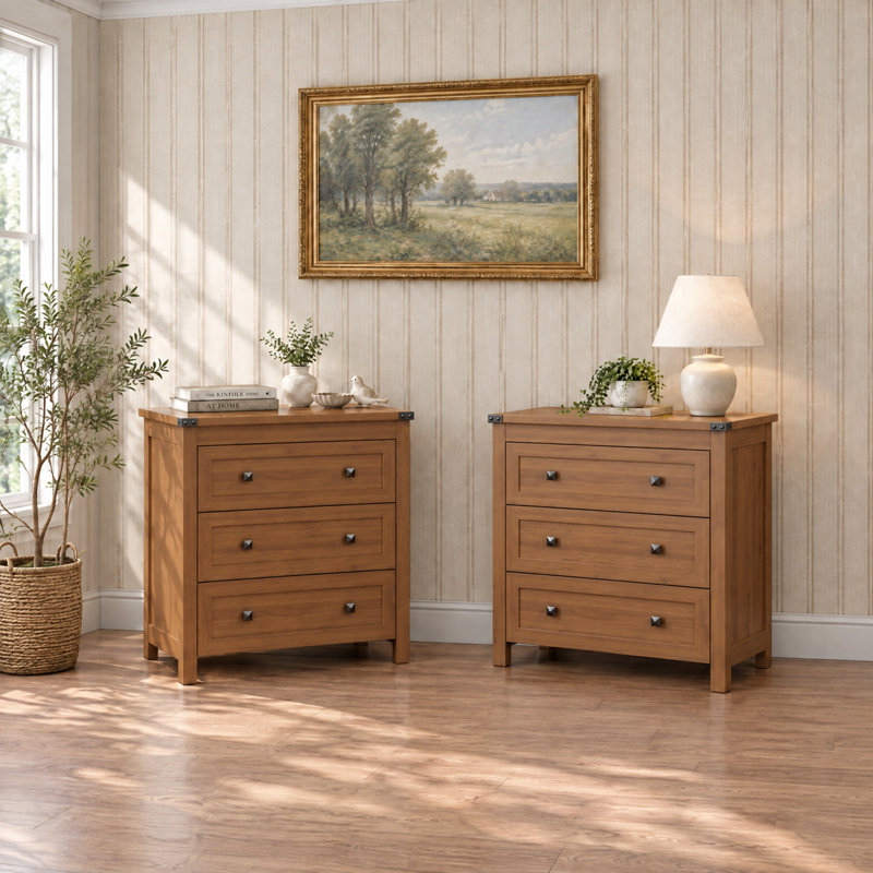 Table de chevet 3 tiroirs Modern, Brun, Ensemble de 2