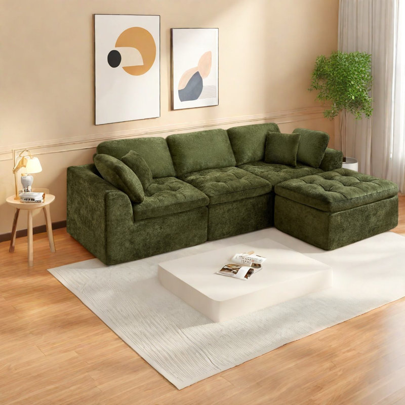 Spacious Green Chenille Sectionals, Modular L-shape Sofa For Home