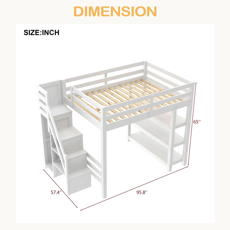 Loft Bed With Shelves, Storage Staircase, Small Wardrobe And White LED Light, Full