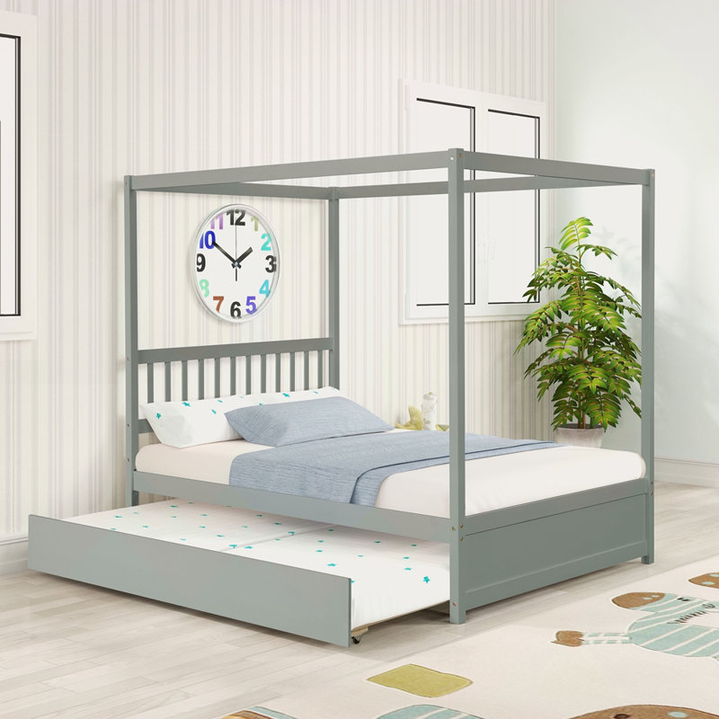 Lit à baldaquin avec lit gigogne simple, cadre de lit plateforme en bois massif pour enfants avec tête de lit, aucun sommier nécessaire