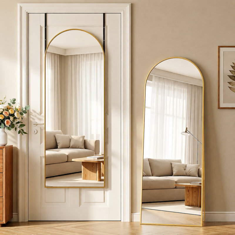 Miroir de plancher pleine grandeur mural autoportant avec lumière pour la chambre à coucher, 64 po x 21 po, Arqué / doré