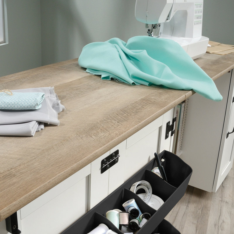 St. Nicholas Foldable Sewing Table with Wheels, Brown/Soft White