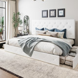 Silvester Modern Upholstered Platform Storage Bed with Wooden Slats, no box spring needed