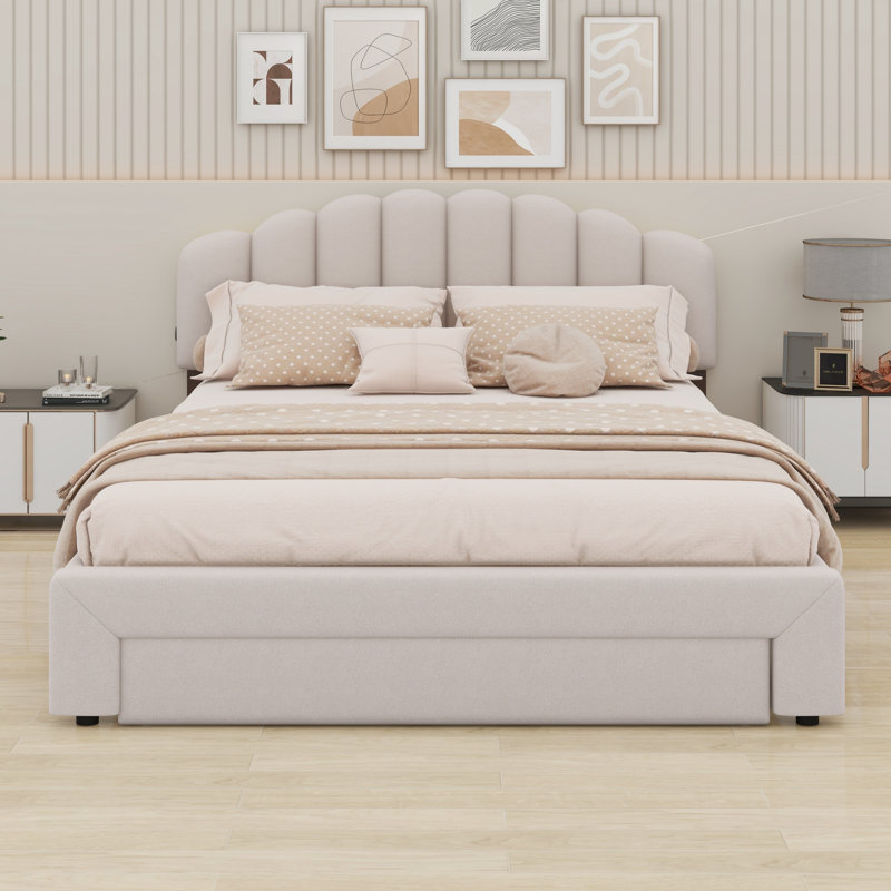 Lit plateforme tapissier avec tiroir, Beige