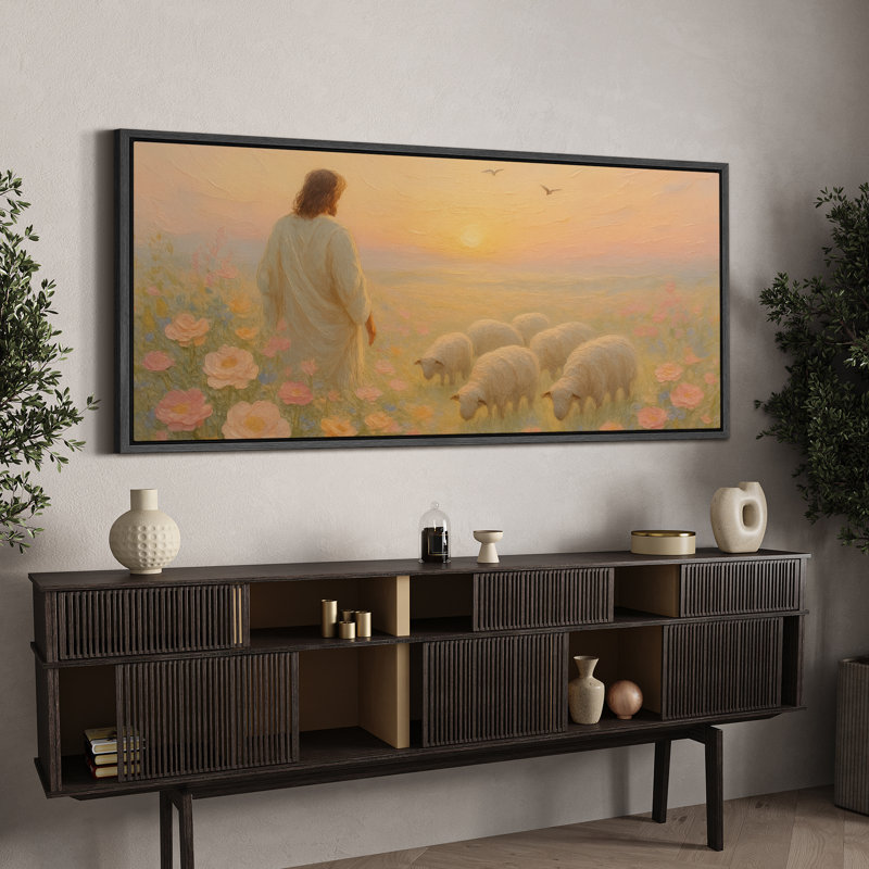 Jesus with His Sheep at Sunset in a Soft Garden Landscape Extra Large Pictures Framed Canvas Print Wall Art, Black Frame