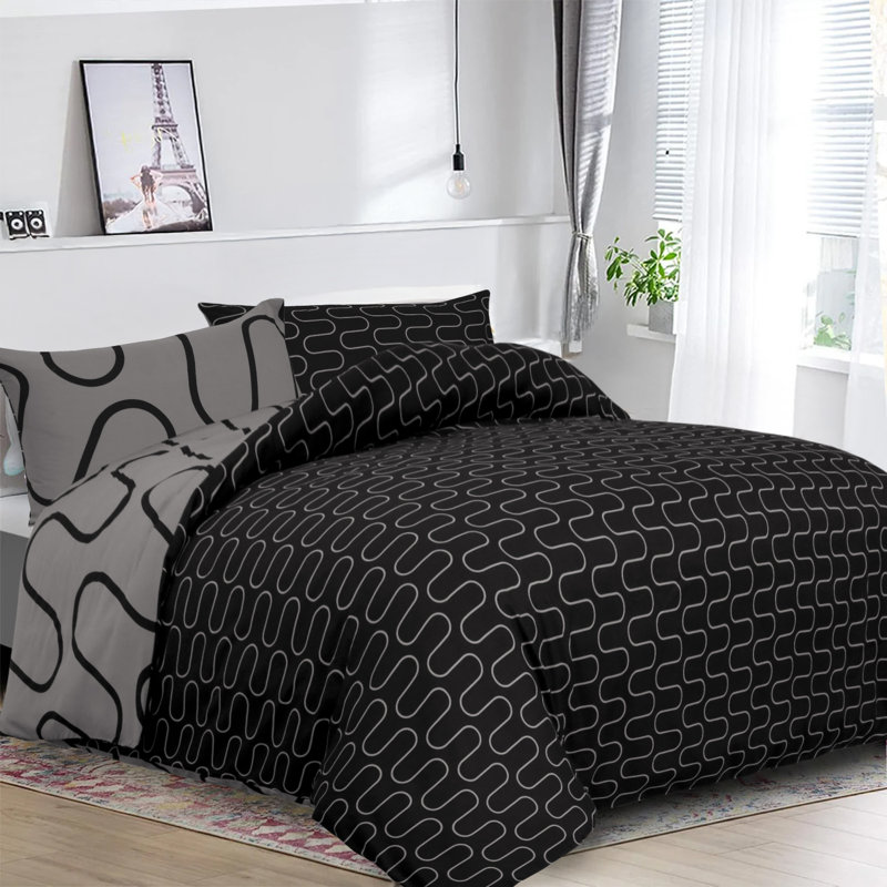 Geometric Design Modern Duvet Cover Set  With Pillow Cases, Black/Grey, Single Duvet Cover Set + 1 Standard Pillowcase