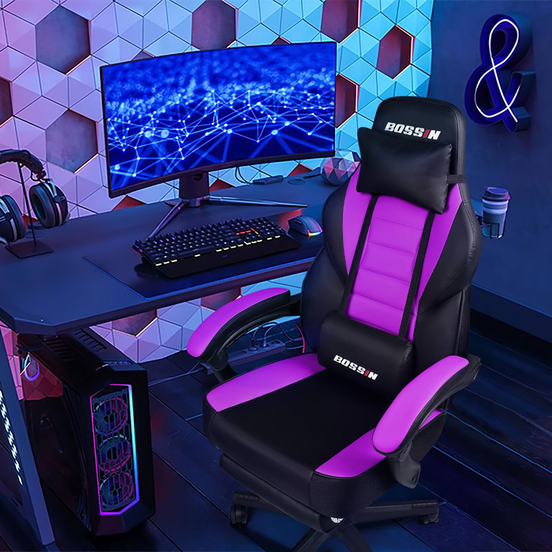 BOSSIN Gaming Chairs with Footrest, Ergonomic Computer Game Chairs with Lumbar Support, Purple/Black