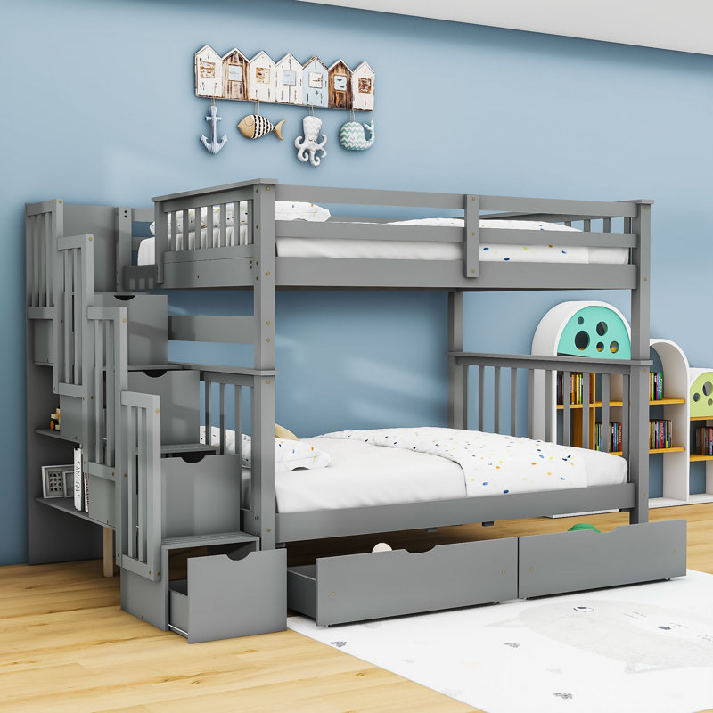 Emma-Faye Kids Full Over Full Bunk Bed with Drawers, Gray