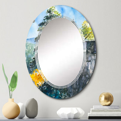 Château sur une montagne verte I - Miroir mural colonial ovale