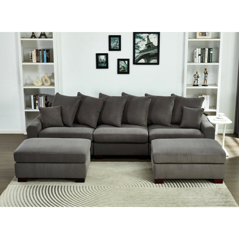 5 Seater Oversized Modular In Grey Corduroy, Convertible L & U Shaped With Methodical High Foam Cushions Sectional Couch Magnetic