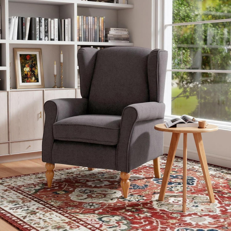 Ensemble de table basse et de fauteuil Vintage Luxury, fauteuil à oreilles en tissu de polyester avec dossier haut, gris foncé antique