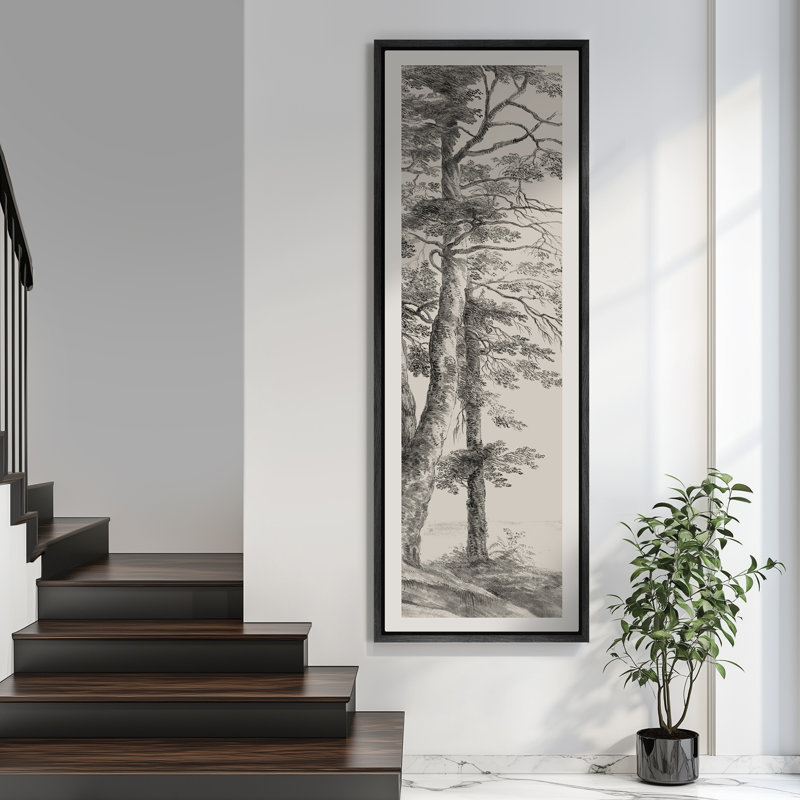 Vintage Pine Tree Drawing Classic Country Rustic Artwork - Extra Large Framed Wall Art Canvas Print, 60" H x 20" W, Black