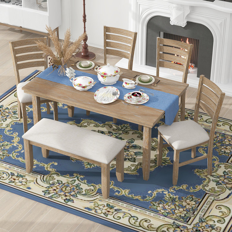Table et chaises de salle à manger avec banc, ensemble de salle à manger en bois rustique, ensemble de 6 (ensemble de salle à manger)