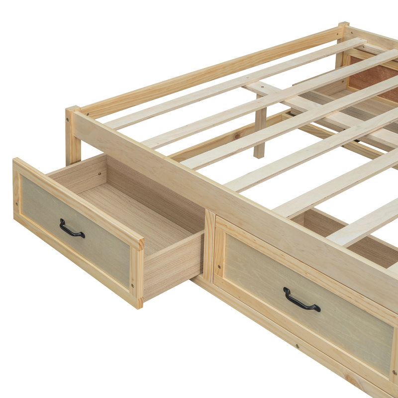 Lit plateforme avec 6 tiroirs de rangement, naturel antique, Lit double