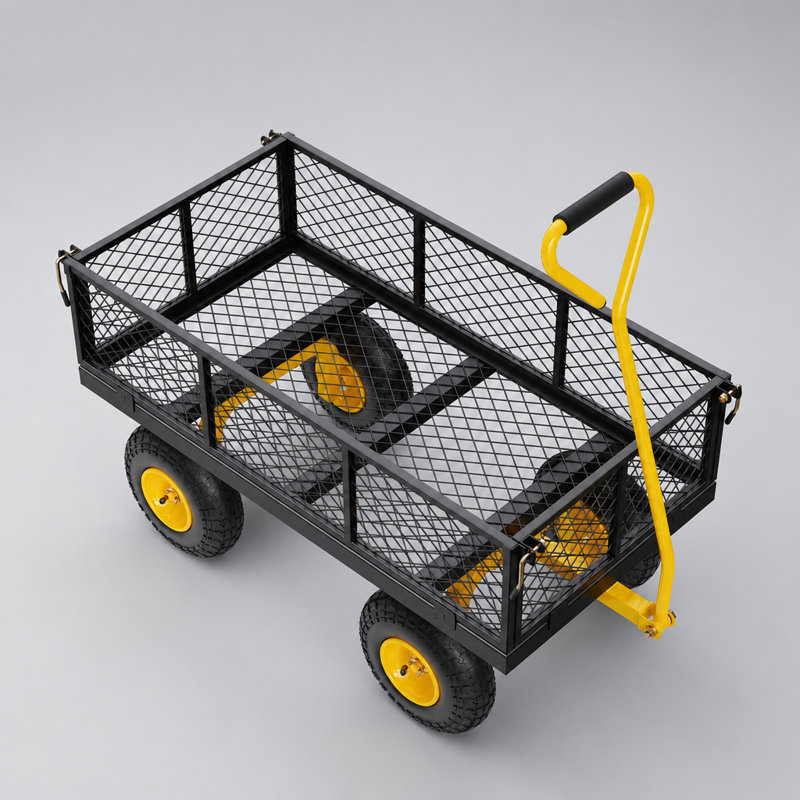 Chariot de jardin en acier robuste de 900 lb avec pneus de 10 pouces, côtés amovibles et poignée rotative à 180 ° pour une utilisation polyvalente à l'extérieur
