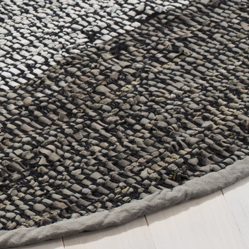 Phillis Vintage Leather Hand Woven Leather/Cotton Geometric Rug in Regular Gray, Round 4'