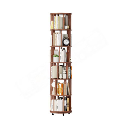 Bibliothèque rotative 100% sur roulettes en bois massif, bibliothèque rotative ronde à 6 niveaux, tour à 360 ° pour livres, étagères à roulettes étroites pour petit espace, coin, chambre à coucher, bureau, noyer