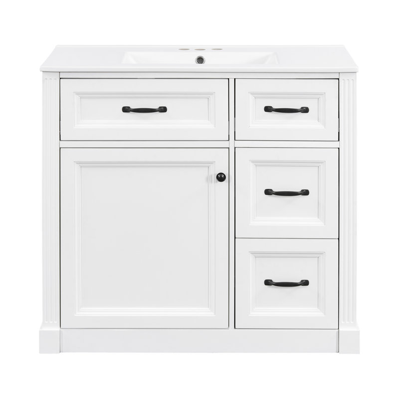 36" Freestanding Single Bathroom Vanity with Ceramic Sink and Storage, White