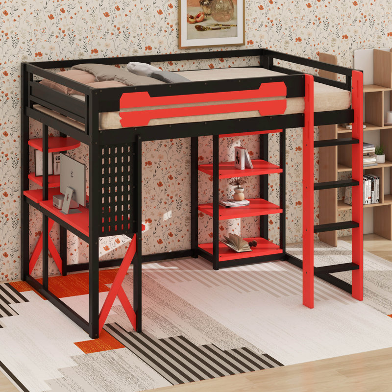 Lit mezzanine double en bois avec lumière RVB et tablettes, Noir / Rouge