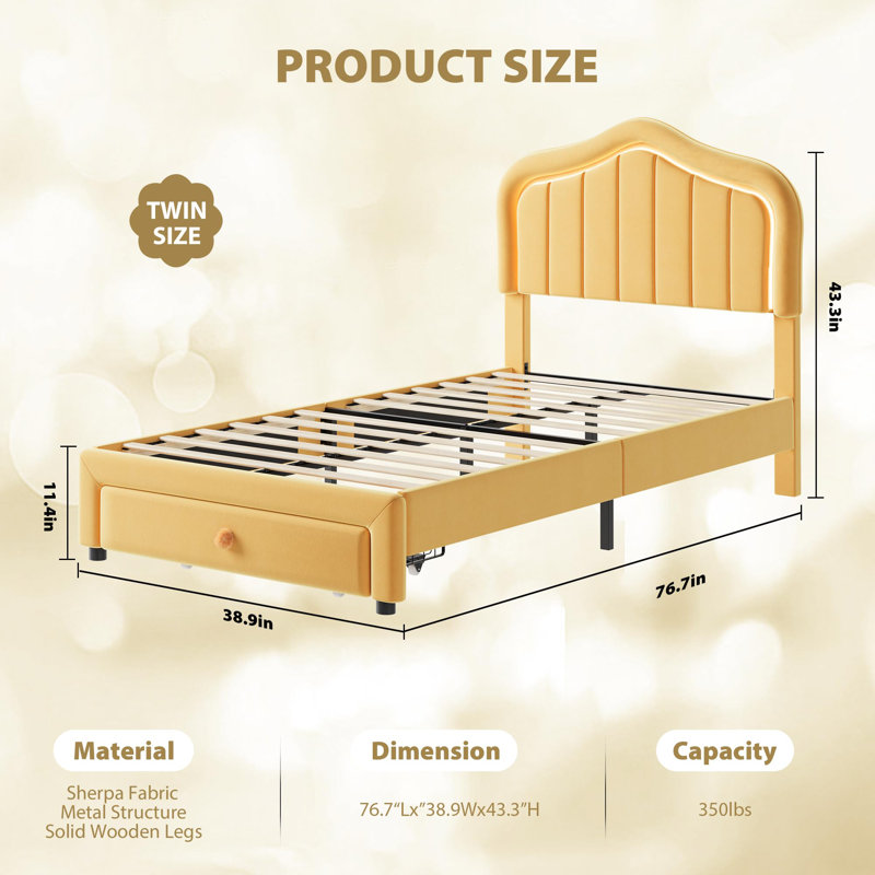 Structure de lit simple en velours avec lumières DEL, tiroir de rangement et tête de lit pour enfants, Jaune