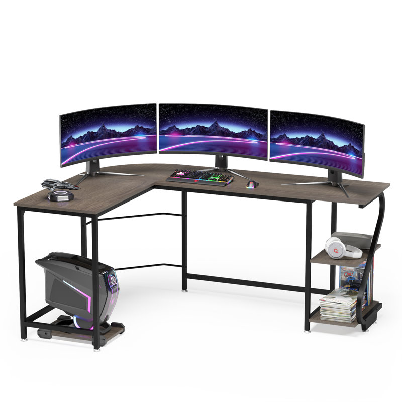 Lantz L-Shaped Metal Base Computer Desk, Left Hand Return, Black Oak/Black