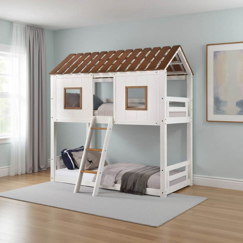 Lit superposé simple Nara, conception de maison avec échelle, bois rustique blanc