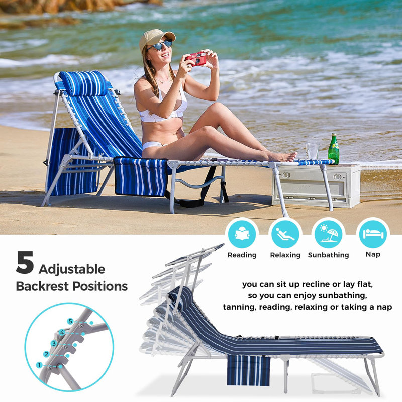 Folding Chaise Lounge Chair, Blue/White