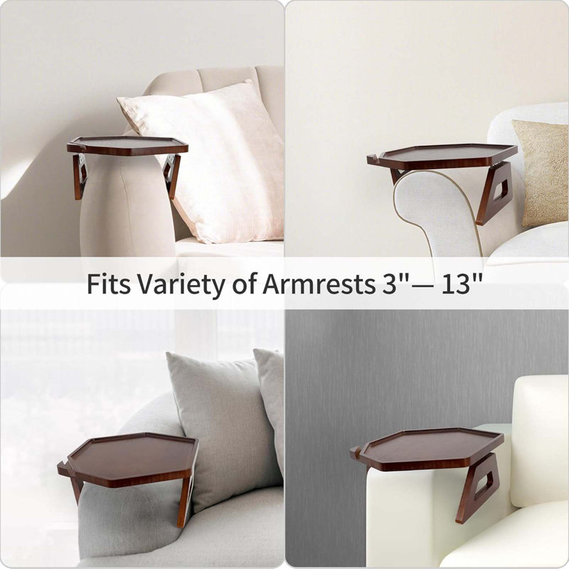 Sofa Arm Clip Table, Couch Arm Tray Table Wooden Side Tables For Wide Couches Armrest Table For Eating/Drinks/Snacks/Remote/Control (Brown+Bag)